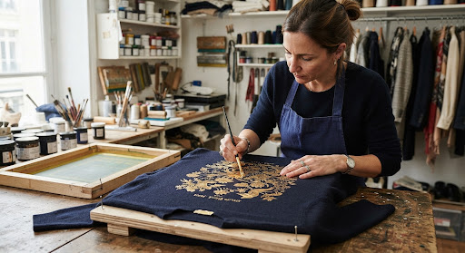 Hand-finishing screen printing on luxury garments