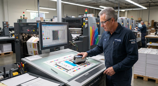 Master press operator reviewing color density test